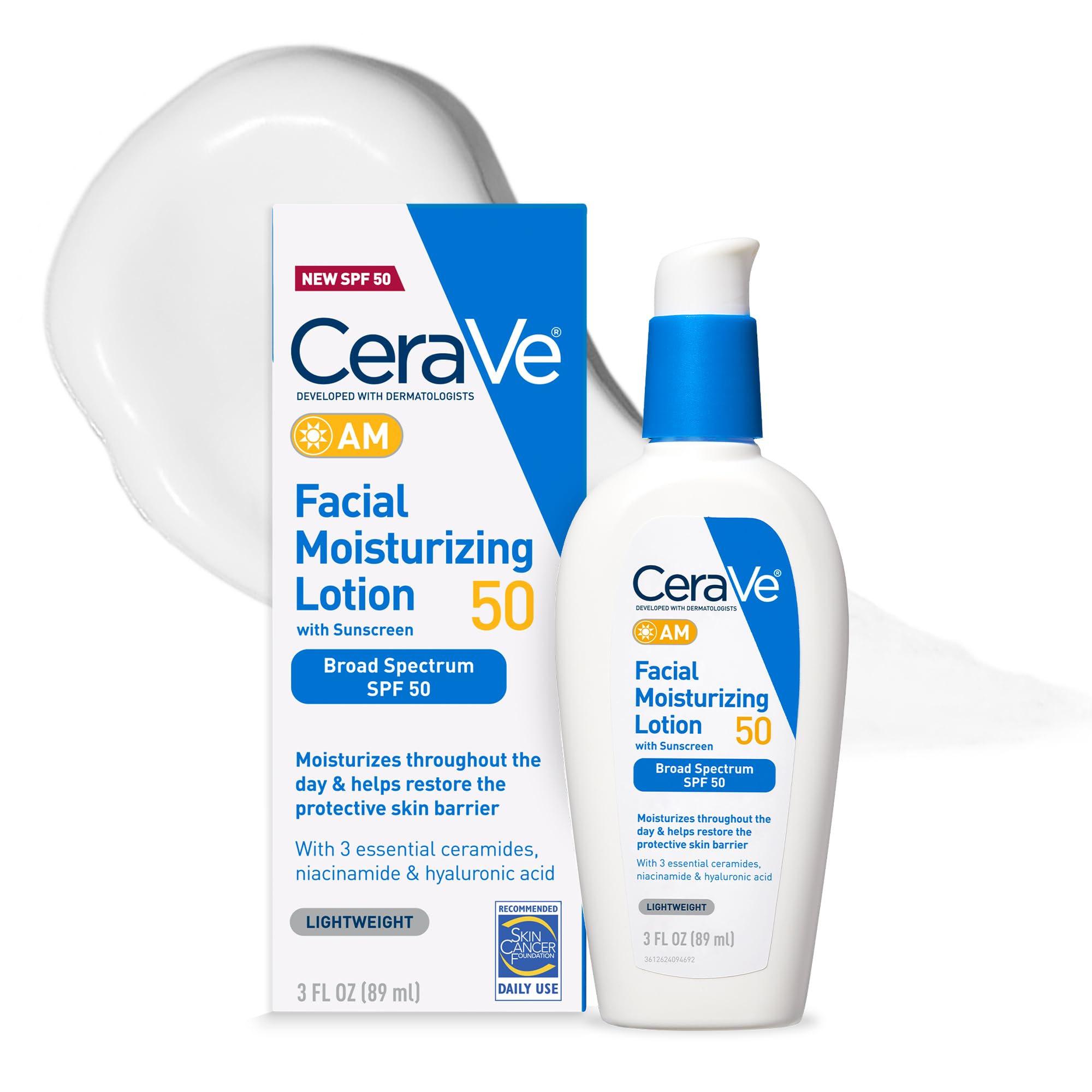 CeraVeAM Facial Moisturizing Lotion SPF 50 | Face Moisturizer with SPF, Hyaluronic Acid, Niacinamide & Ceramides | Non-Greasy | Blends Seamlessly With No White Cast | Non Comedogenic Sunscreen | 3 Oz