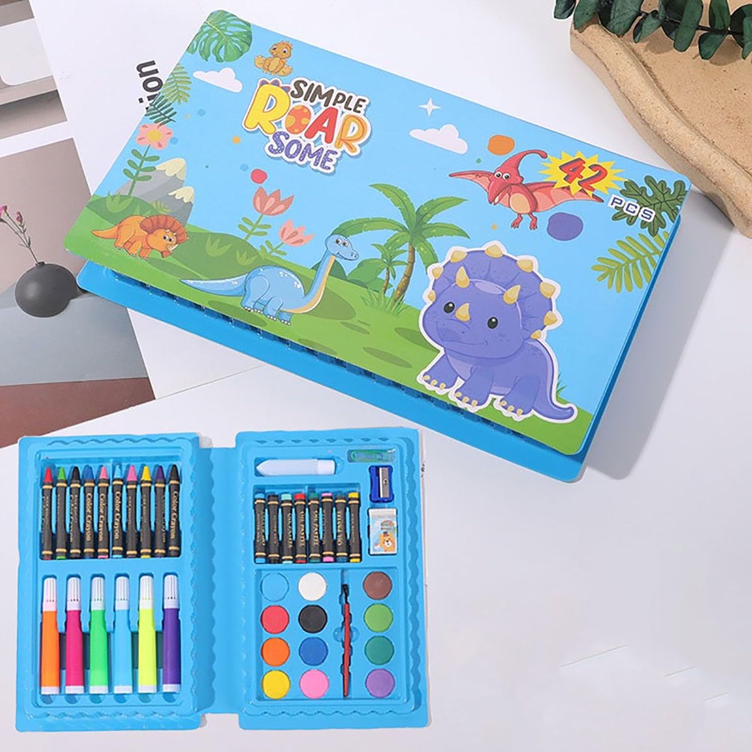 GJSHOP 42 Pcs Drawing Coloring Stationery Gift Set Box for Kids Birthday Present Colouring Set Warna Crayon Set (Blue)