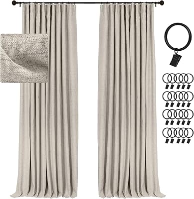 INOVADAY 100% Blackout Curtains for Bedroom, Black Out Curtains Clip Rings/Rod Pocket Linen Blackout Drapes 2 Panels Set, Thermal Insulated Drapes for Living Room, Fauxlinen, W50 x L84