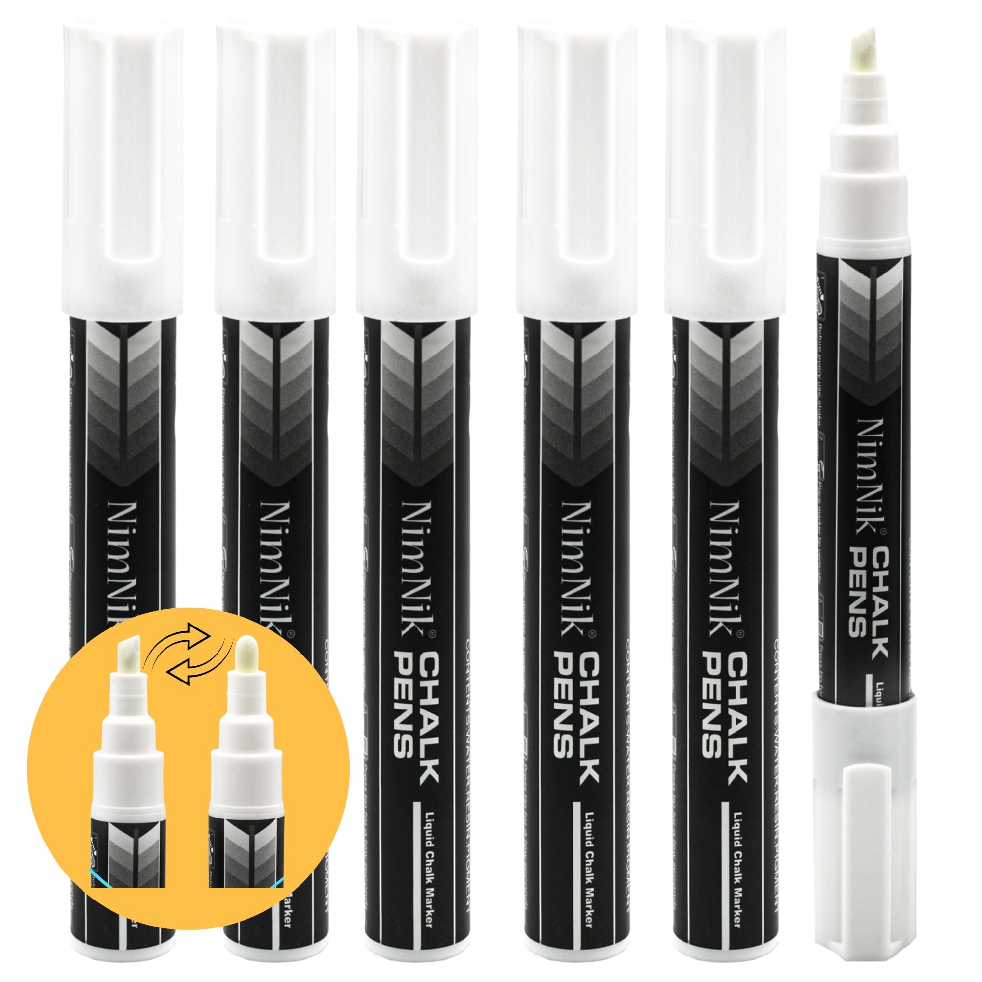 NIMNIK White Chalk Markers for Blackboards - 6mm Reversible Nib - Wet Wipe Liquid Chalk Pens for Glass, Windows - 6 Pack