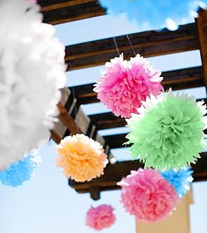 Image of 20 Pieces Multicolour Tissue Pom Pom Paper by Belle Vous - Paper Flowers in Orange, Pink, Green, Blue and White - Pom Pom Balls for Birthday Parties, Wedding & More - Hanging Pom Poms for Decorations