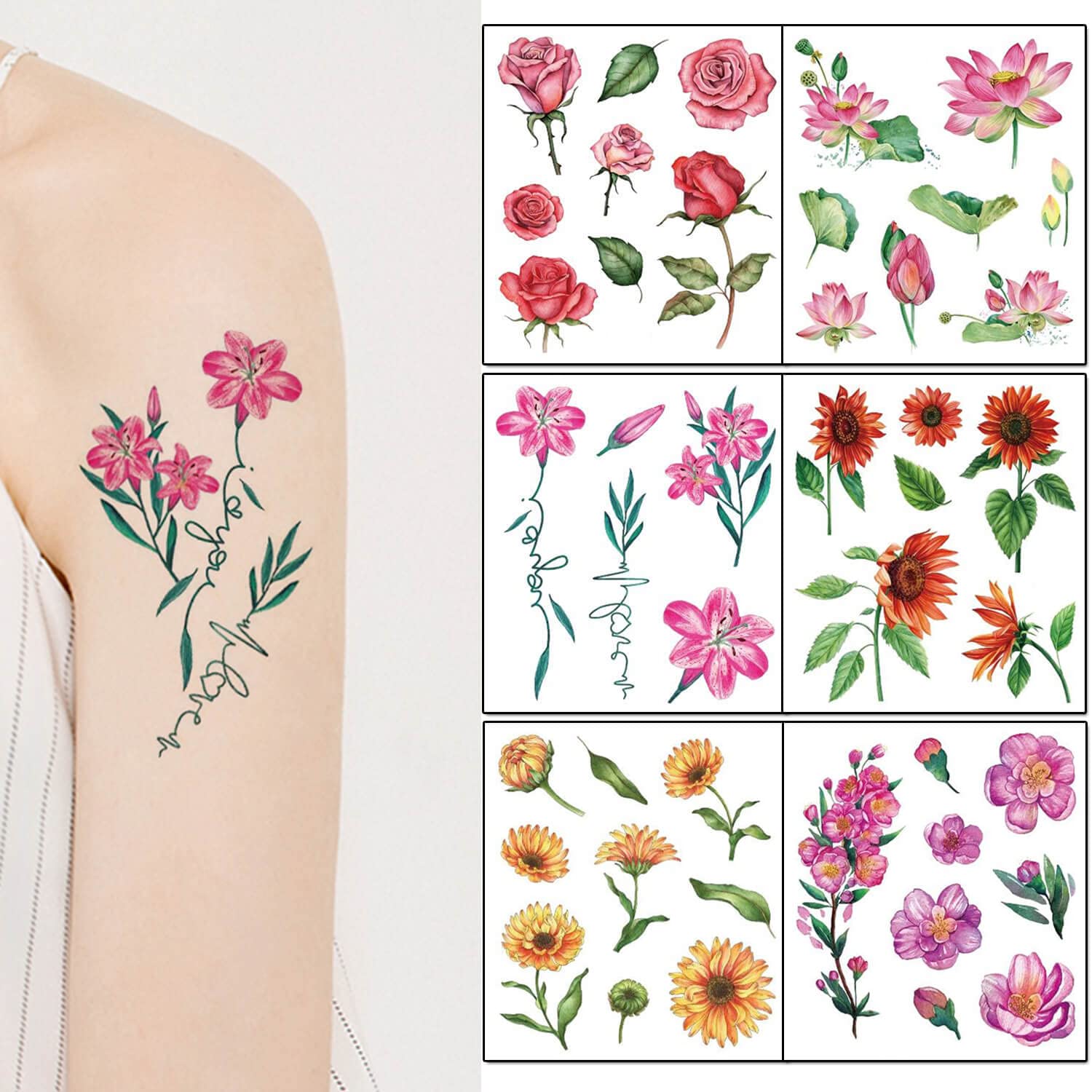 glaryyears 8 Sheets Watercolor Flower Floral Temporary Tattoos, Arm Chest Leg Tattoo Sticker for Women, Rose Chrysanthemum Designs Body Art on Back Shoulder Waterproof Medium Size