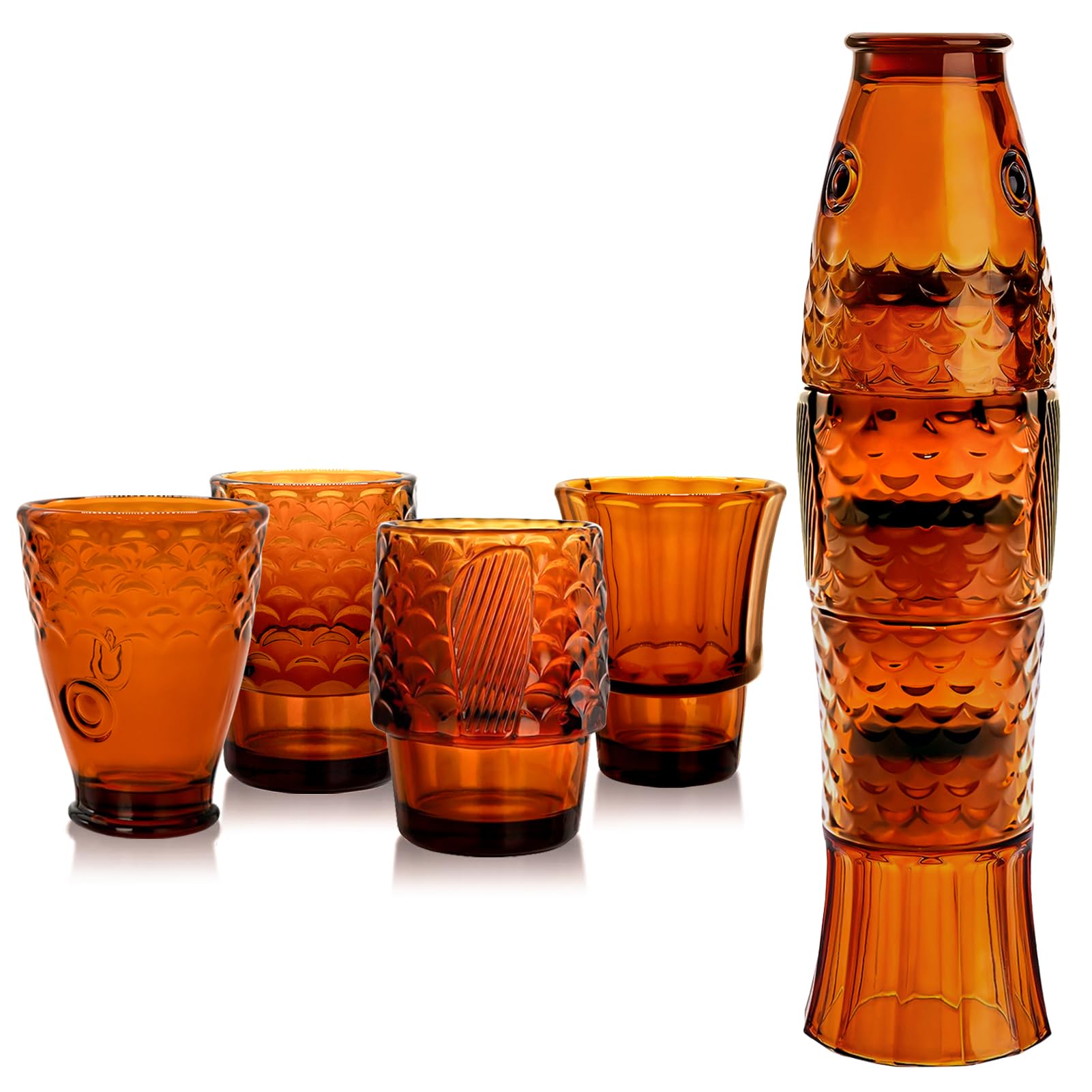 UPZAIFish Old Fashioned Glasses: 12oz Stackable Fish Cups Set of 4 - Kitchen Glassware Glass Drinking Glasses - Aesthetic Water Tumblers for Beside Beverage Juice Coffee Beer Cocktail Whiskey (Amber)