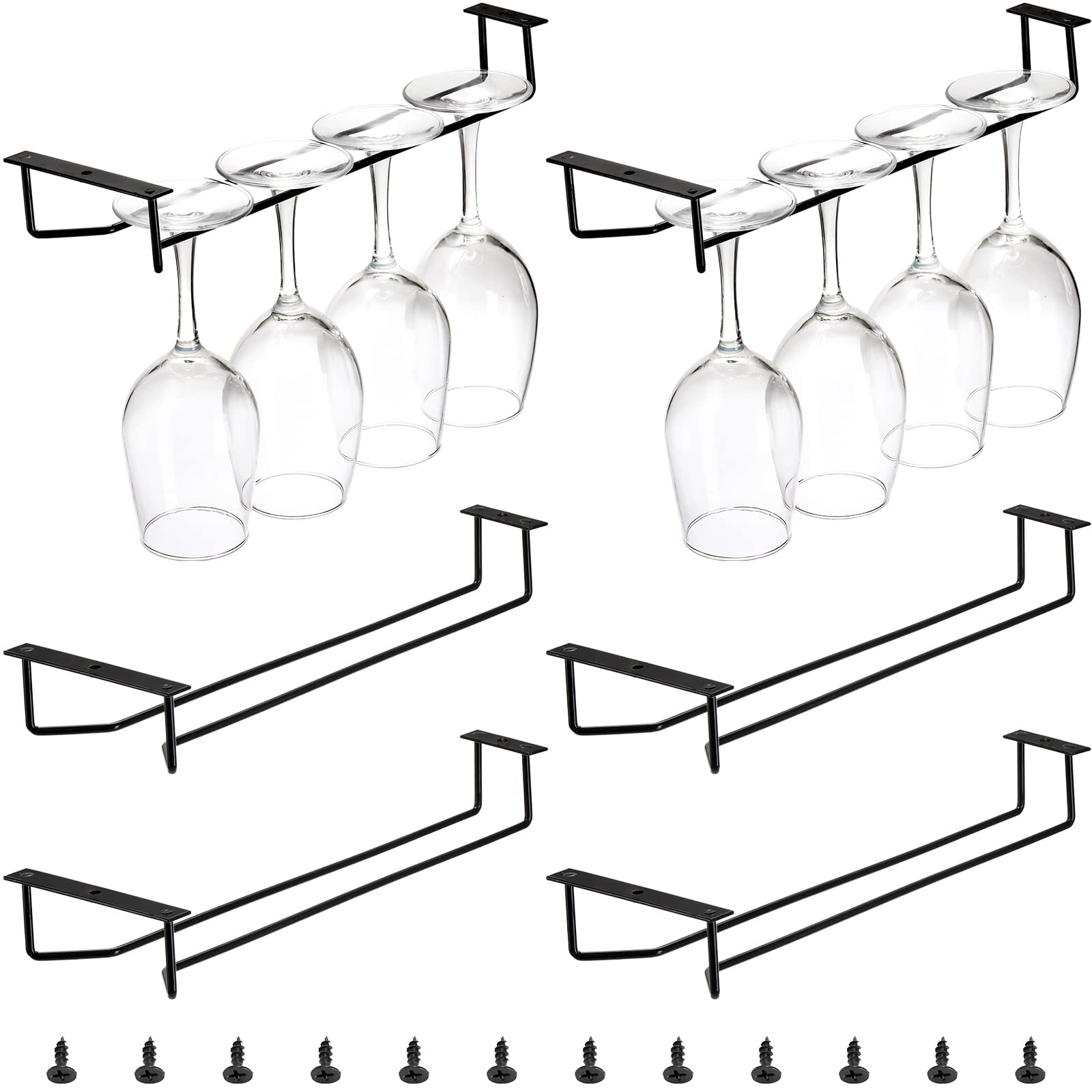 Dicunoy 6 Pack Black Wine Glass Rack, 12 Inch Under Cabinet Stemware Holder, Wall Mounted Iron Wine Glass Hanging Rack for Shelf, Kitchen, Bar, Wine Cellar Storage, Organizer, Display