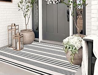 Black and White Outdoor Rug 3'x 5' Front Porch Rug Cotton Hand-Woven Striped Rug Machine Washable Indoor/Outdoor Area Rug ...