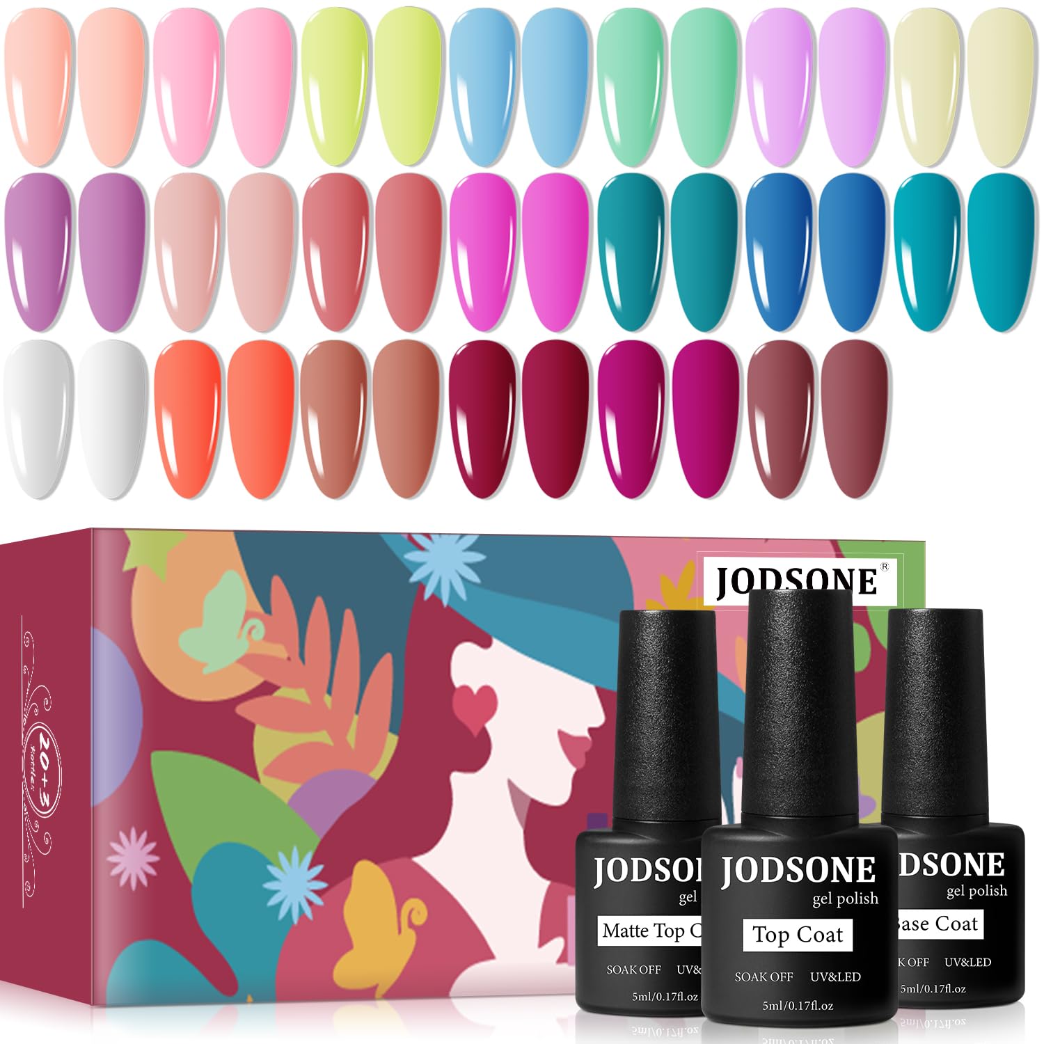 JODSONE 20 Color Vibrant and High Shine Gel Nail Polish Kit with 3 PCS Base Coat and Matte and Glossy Top Coat