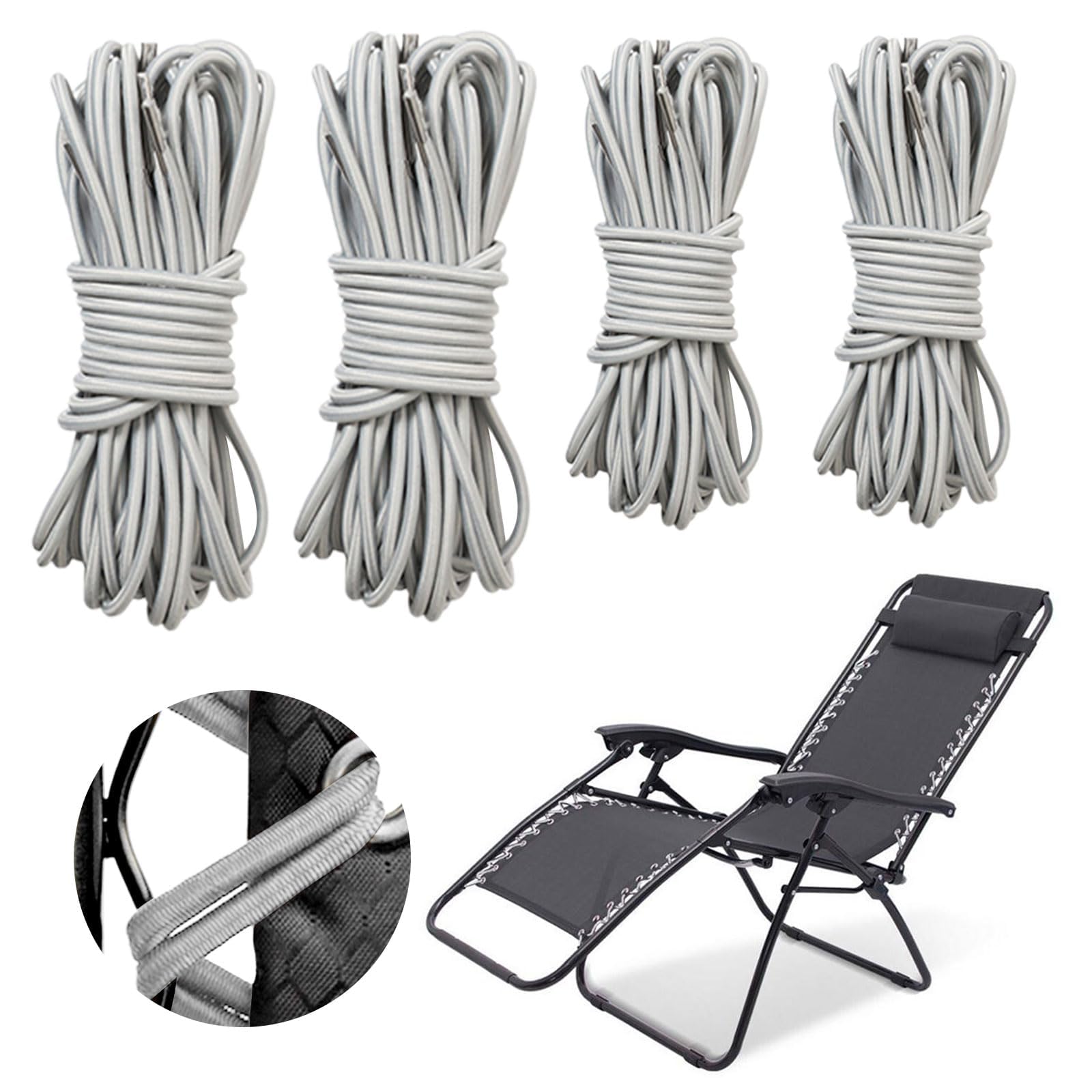 Azonee 4 Pack Universal Replacement Elastic Cords, , Elastic Tying Ropes for Install Folding Chair, Zero Gravity Chairs, Sun Loungers, and Garden Chairs, Lounge Chair Accessories, Grey