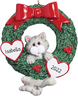 Personalized Cat Ornament 2024 - Gray Tabby Cat Wreath Christmas Ornament Wreath Cat Christmas Tree Gray Tabby Cat Gifts for Cat Lovers Custom Cat Ornament Pet Christmas Ornaments by Elves