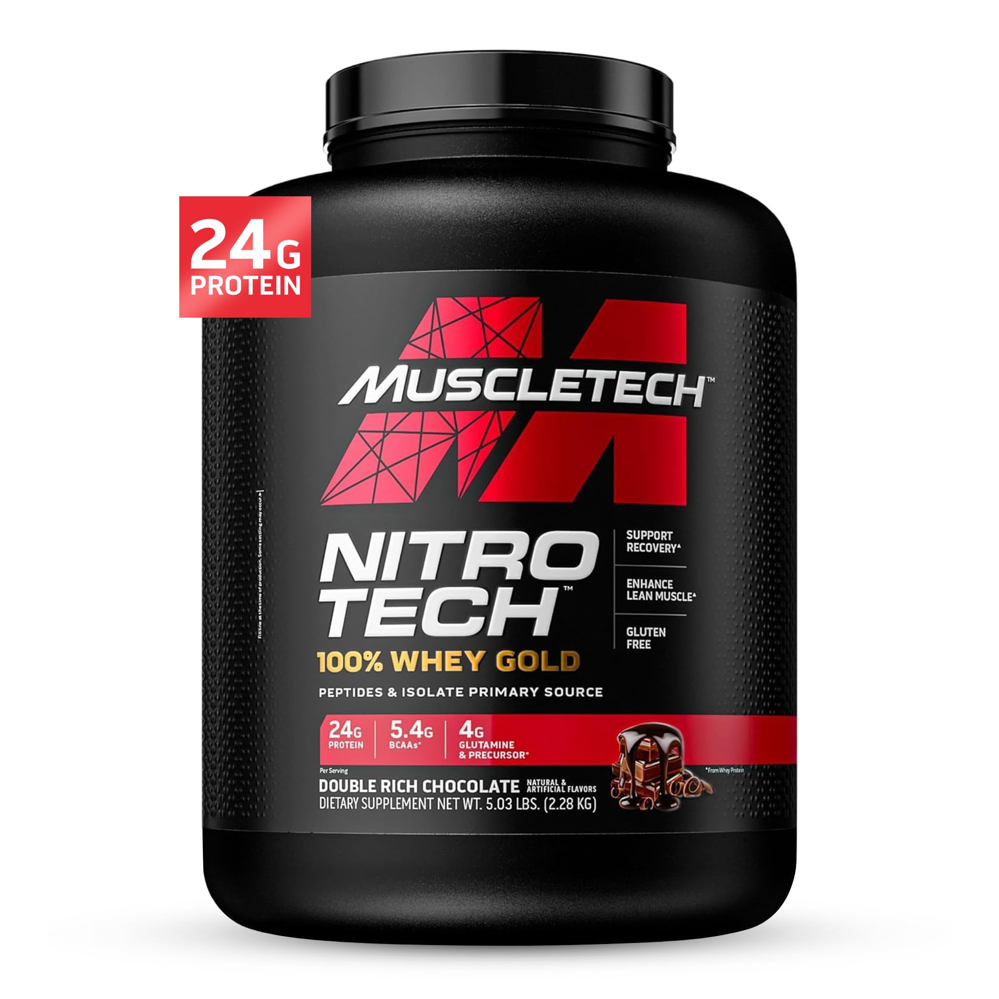 Muscletech Nitro-Tech 100% Whey Gold Protein Formula with Peptides & Isolate Primary Source Support Fast Recovery & Enhance Builder Muscle Gluten Free Protein Drink, Double Rich Chocolate, 5.00 lbs