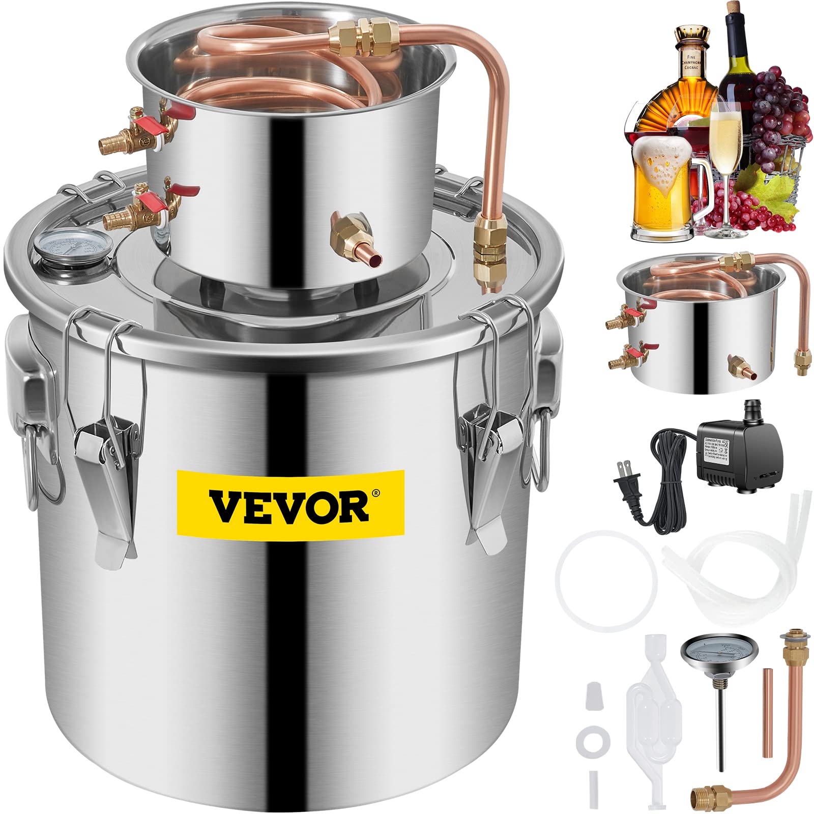 VEVOR Alcohol Still 8Gal/30L Alcohol Distiller Stainless Steel Distillery Kit for Alcohol With Copper Tube & Pump Home Brewing Kit Build-in Thermometer for DIY Whisky Wine Brandy