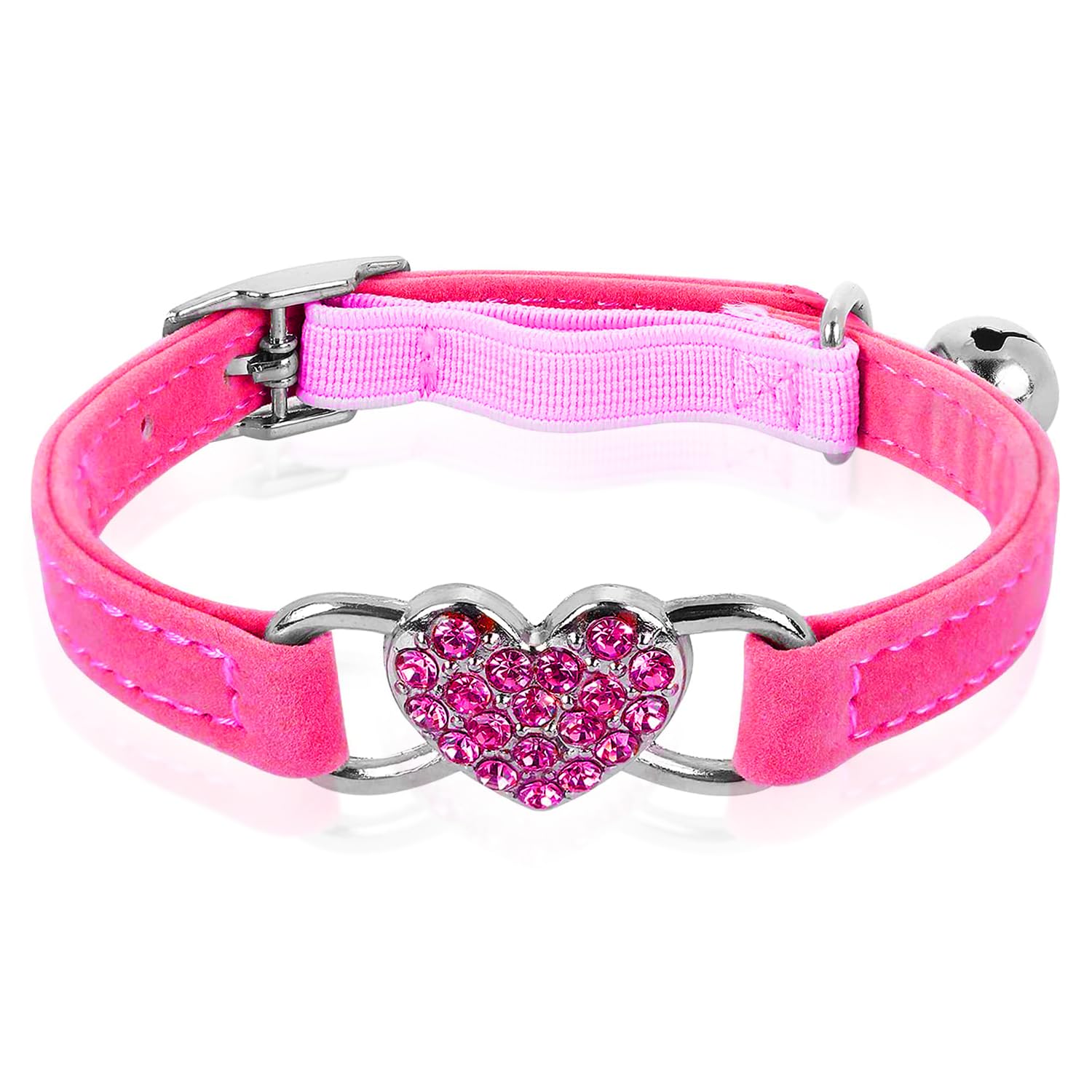 Rumyve Heart-shaped Rhinestone Cat and Dog Collar - Adjustable, Plush Velvet, Colorful Diamond Bell with Safety Strap - Pet Accessories(Rose Red)