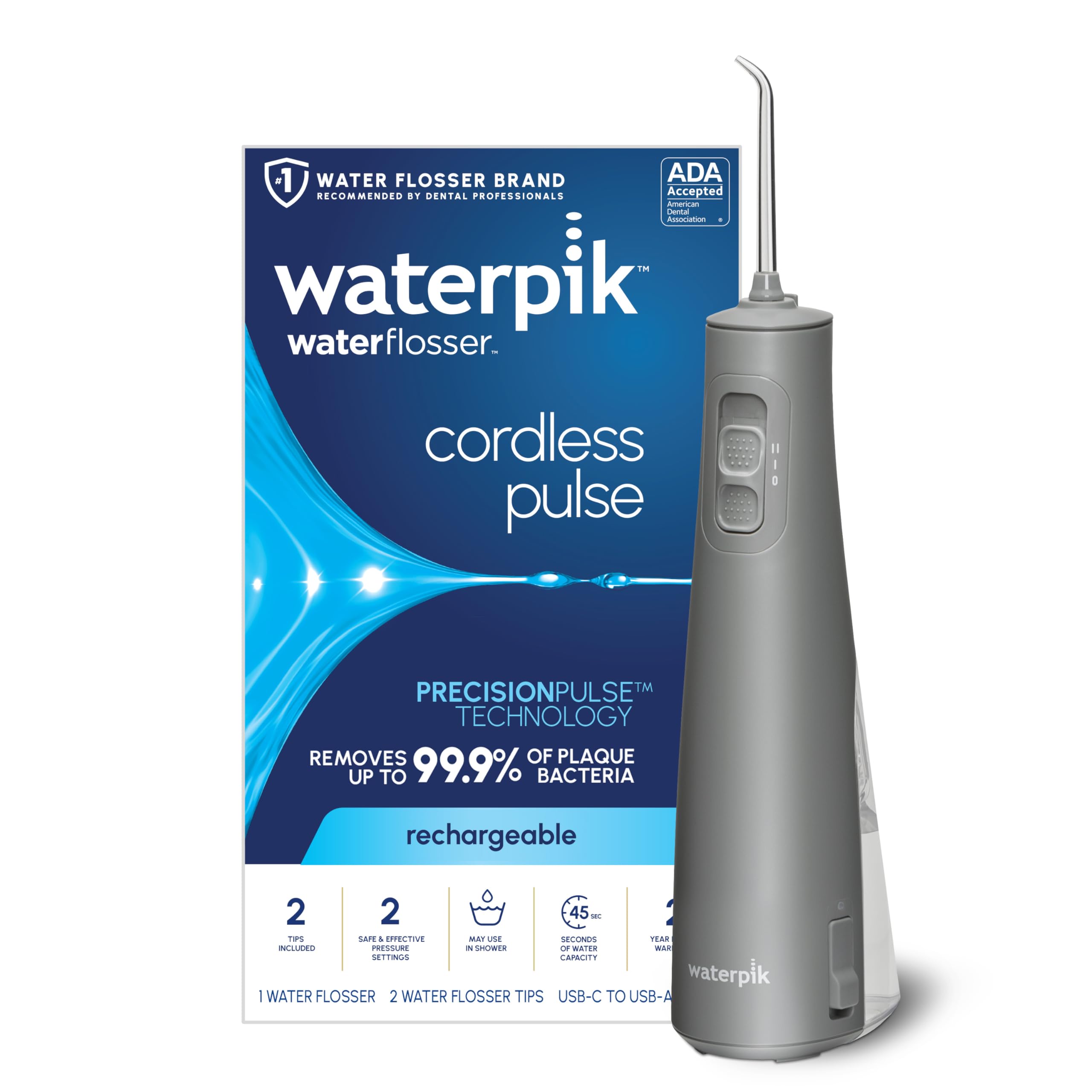 Waterpik Cordless Pulse Rechargeable Portable Water Flosser for Teeth, Gums, Braces Care and Travel with 2 Flossing Tips, Waterproof, ADA Accepted, WF-20 Gray, Packaging May Vary