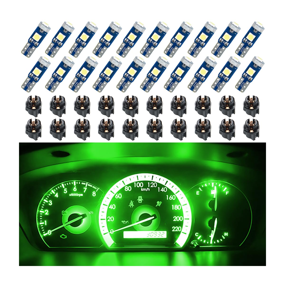 20 Pcs T5 LED Lights for Car Dashboard, High Light Bulb 3030-3SMD Replacement with Twist Lock Socket, Super Bright Light for Instrument Cluster Dashboard Panel Gauge Indicator (Green)