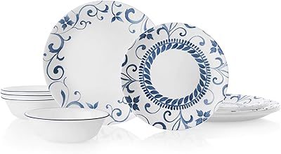 Corelle 12-Piece Dinnerware Set Service for 4, Chip Resistant, Glass, Artemis, Vitrelle