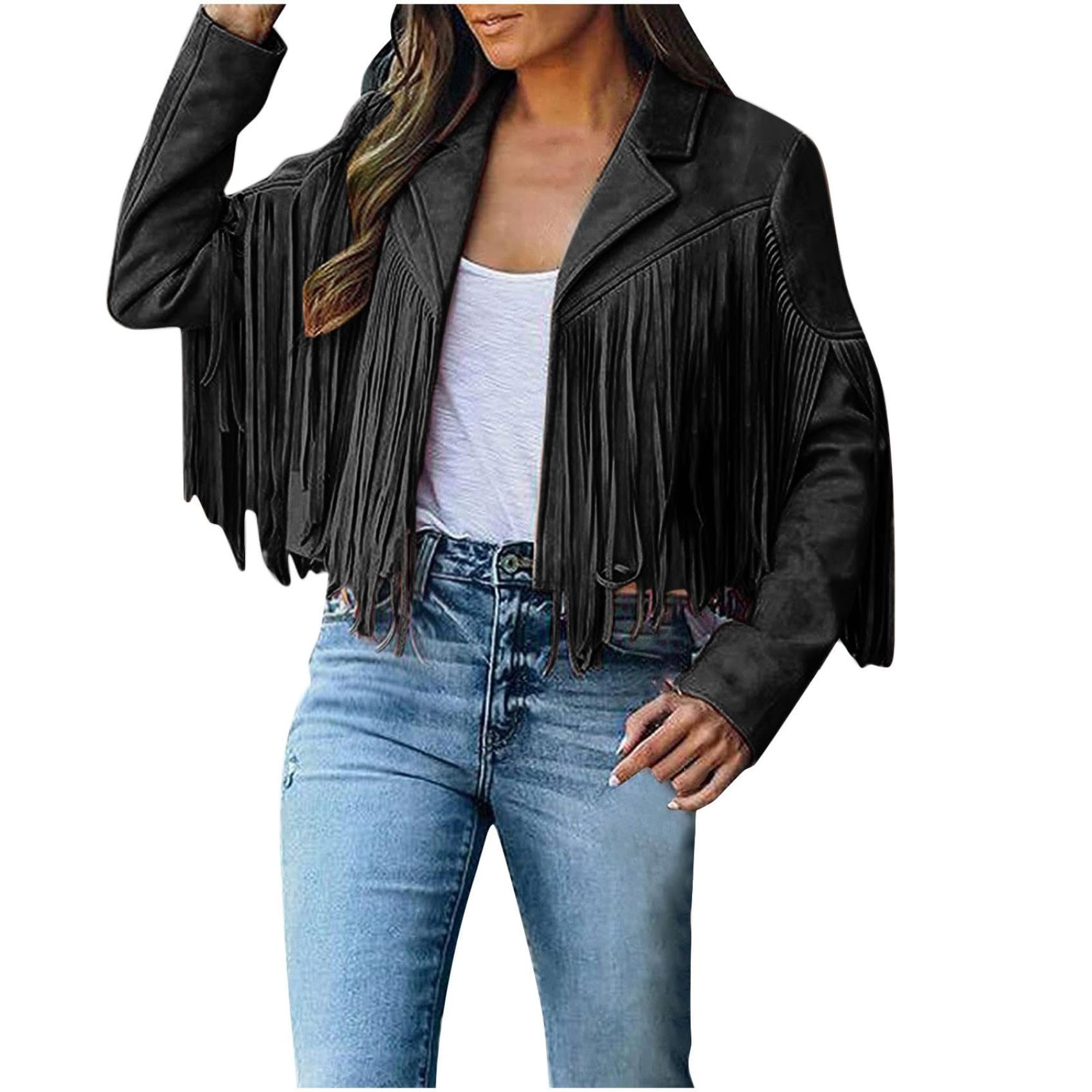 GenericFringe Jackets For Women Faux Suede Coats Cowboy Style Long Sleeve Outerwear Leather Vintage Short Cardigan