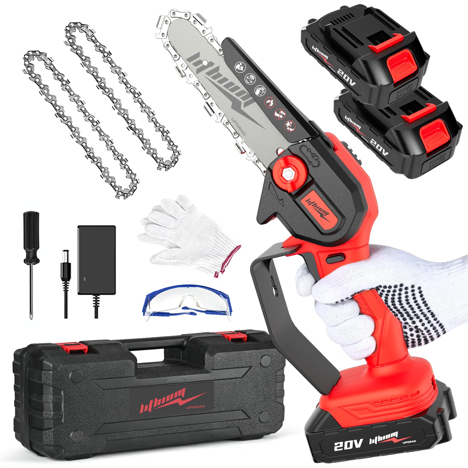 Mini Chainsaw Cordless, 6 Inch Portable Electric Chainsaw, One-Hand Handheld Small Chain Saw for Cutting Wood Trimming and Woodworking- Mini Chain Saw Battery Powered with 2 Batteries