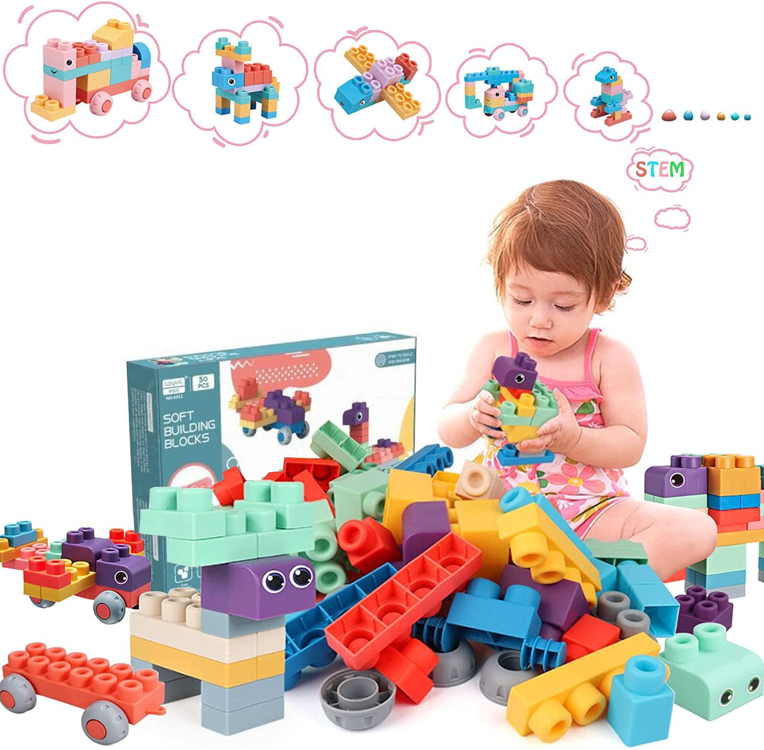 AM ANNA Soft Building Blocks Toys,50 Pcs Build Blocks Sensory Toys for Kids STEM Educational Sets Learning&Development Toys Stacking Block Kit Educational Infant Blocks for Toddlers Baby 1-5 Years Old