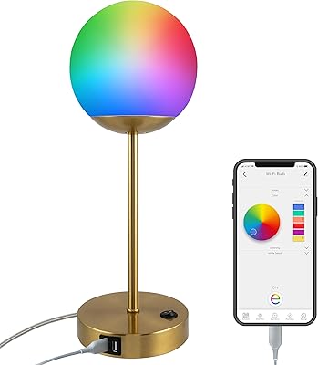 Enbrighten Vibe Bedside Decor Lamp Tabletop Smart Dimmable Color Changing Music-Sync 2-Port USB-charging Station 2.4A Dorm Bedroom Home Office Living Room Works with Alexa, Google Home, 62433 Brass