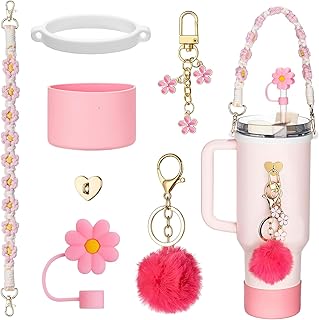 Hahamiya Stanley Cup Accessories Set of 7,Including Siliocne Stanley Cup Boot,Water Bottle Handle Strap,Siliocne Straw Cover,Stanley Charms for Stanley Cup 40 30 oz Tumbler-Pink