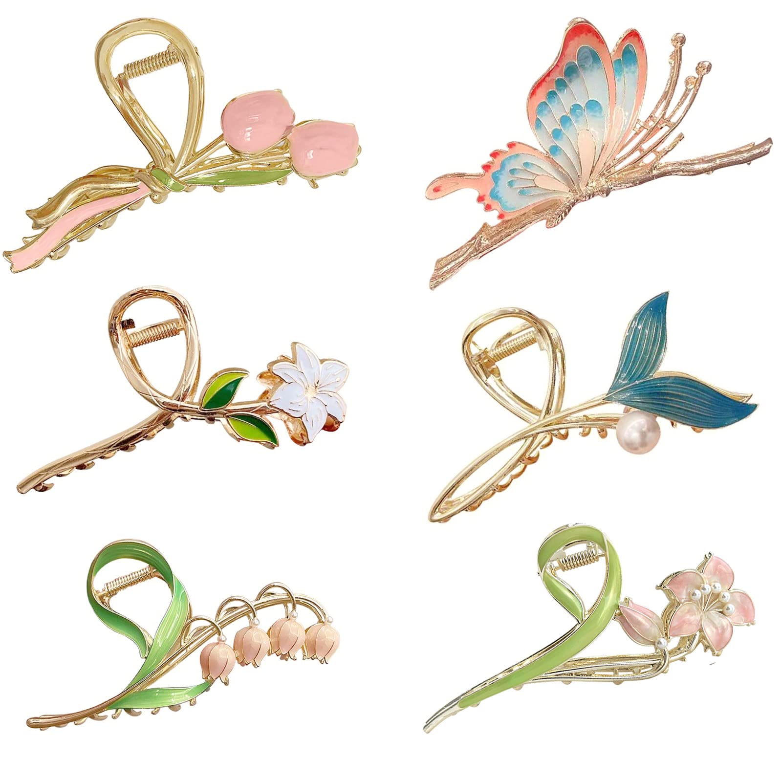 6Pcs Women's Large Non-Slip Strong Metal Hair Clips: Butterfly, Flower, Mermaid Sparkly Jaw Claws for Thick Hair