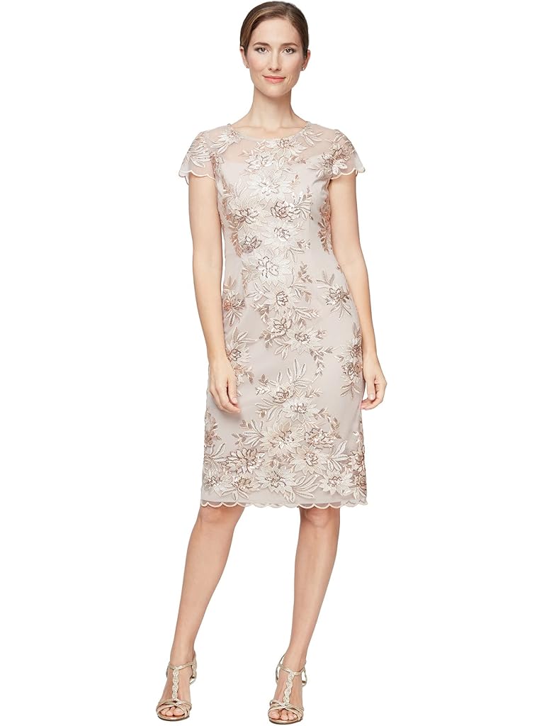 Alex Evenings Midi Length Embroidered Cap Sleeve Dress with Illusion Neckline and Scallop Detail Hem