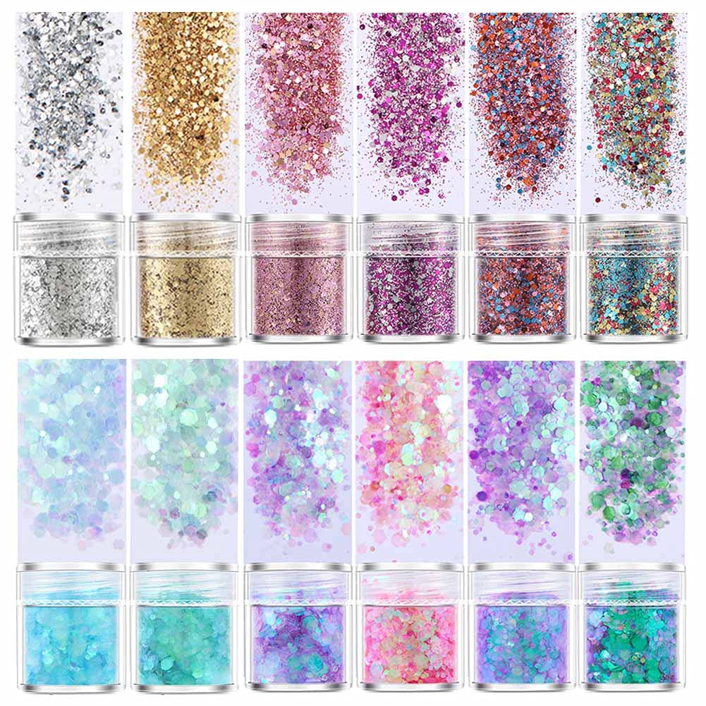 Jatidne Chunky Glitters for Resin Casting 12 Colors Resin Glitters Sparkle Resin Accessories Epoxy Glitter Craft for Wax Melts Nail Art Paint Decorations Fine Glitters Each 10g