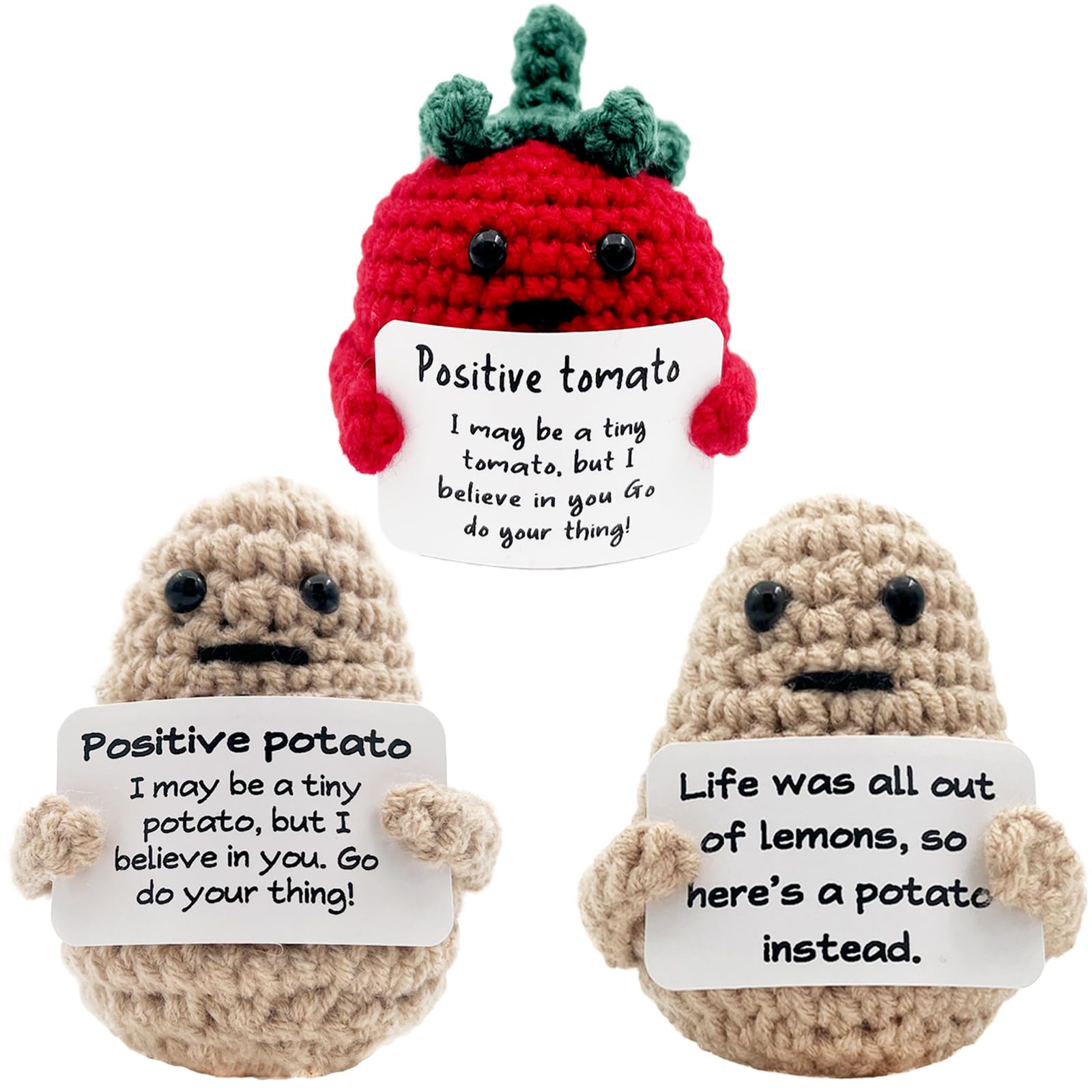 3Pcs Positive Life Crochet Potato Doll Funny Tomato Wool Gifts Knitted Creative Cute Toy with Positive Card Good Luck Encouragement for Birthday Holiday Party(T+P+L)