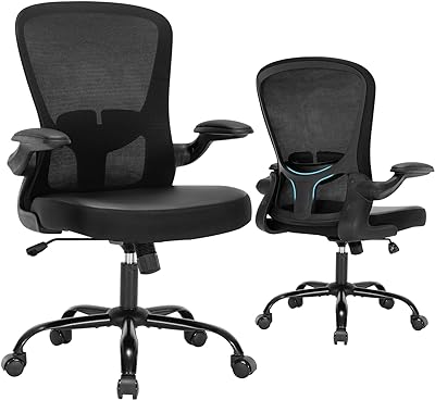 HOMIFYCO Office Chair, Ergonomic Desk Chair with Flip-up Armrests, PU Leather Computer Chair Home Office Desk Chairs with Lumbar Support, Mesh Swivel Executive Chair Rolling Task Chair, Black