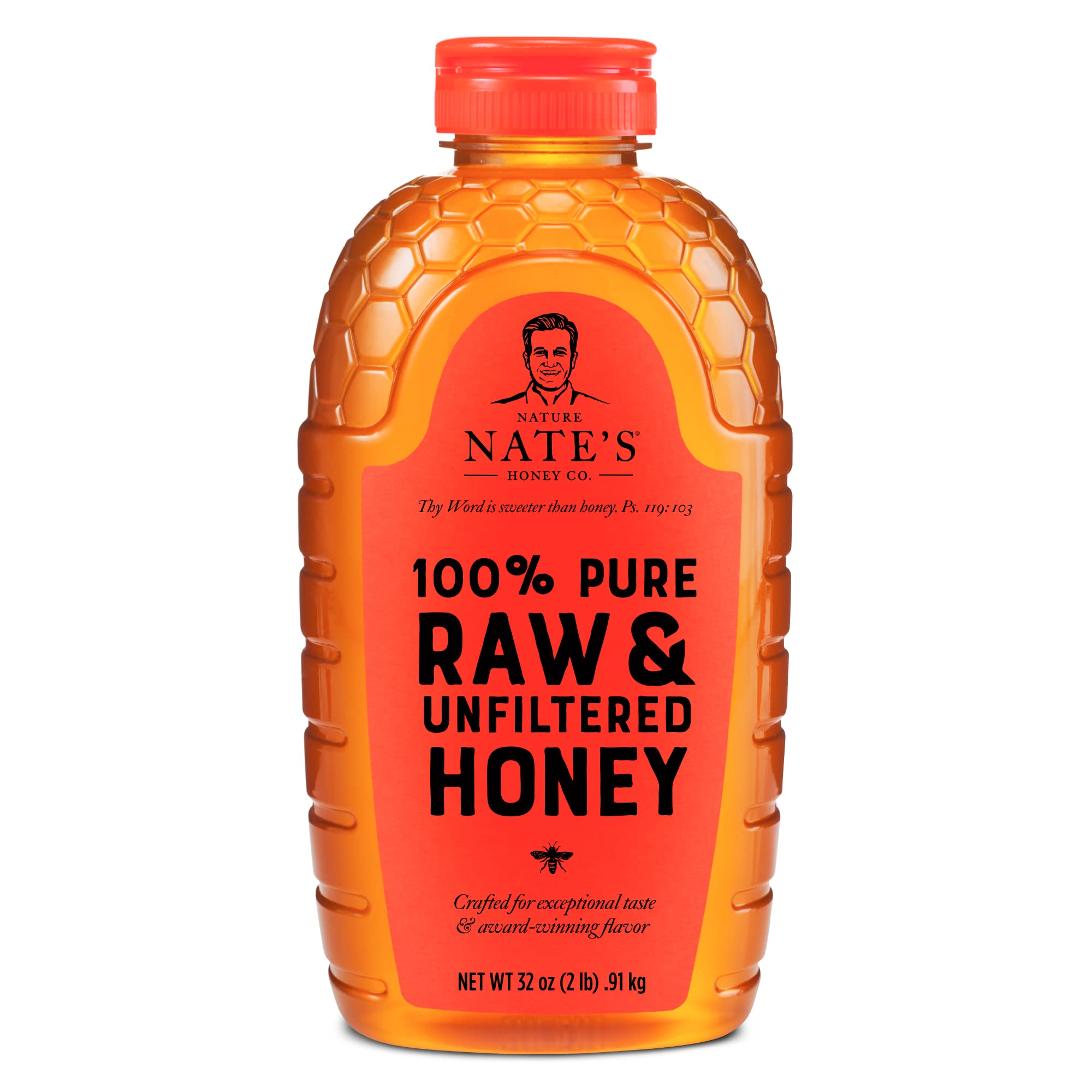 Nate's 100% Pure, Raw & Unfiltered Honey - Award-Winning Taste, 32oz. Squeeze Bottle