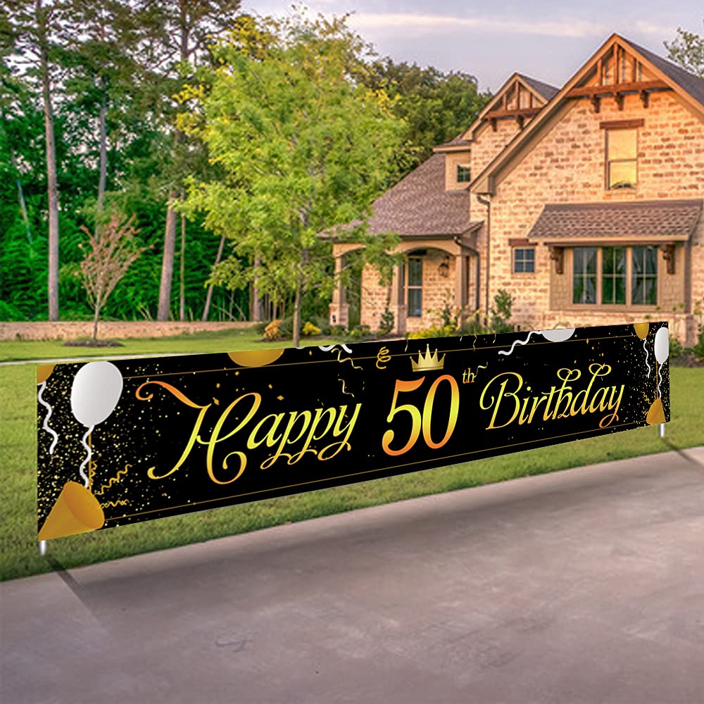 Mocossmy Happy 50th Birthday Yard Banner,9.8x1.6 Ft Large Black Gold ...