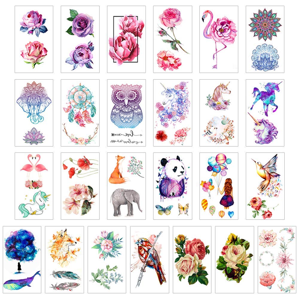 glaryyears Temporary Tattoo Sticker - Over 55 Flower and Animal Designs (25 Sheets) in Waterproof Fake Tattoo Rose Dreamcatcher Unicorn Collection for Girl Women Kids 2.36 x 4.13 inch