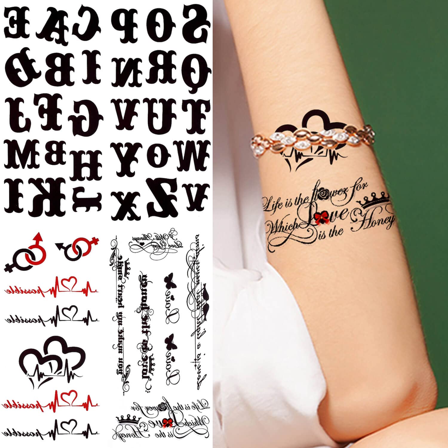 Glaryyears Letter Temporary Tattoo, 5-Pack Words Fake Tattoos, Long-lasting Realistic Tattoos Stickers for Body Finger Wrist, Mark for Women Men Adults Party Supplies Favors