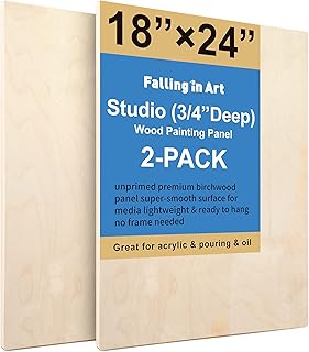 Unfinished Birch Wood Canvas Panels Kit, Falling in Art 2 Pack of 18x24’’ Studio 3/4’’ Deep Cradle Boards for Pouring Art,...