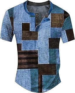 Mens Plaid Printed Distressed Vintage Shirt Short Sleeve Buttoned Henley Tshirts Color Block Slim Fit Golf Polo Shirts