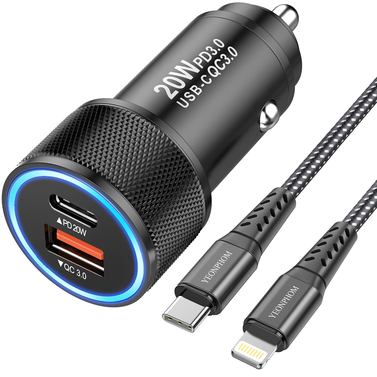 Fast iPhone Car Charger, YEONPHOM 20W PD Rapid Charging USB C Car Charger Adapter with MFi Certified USB C to Lightning Cable Compatible for Apple iPhone 13 12 Pro Max/Mini/11 Pro Max/XS MAX/XR/X/8/SE