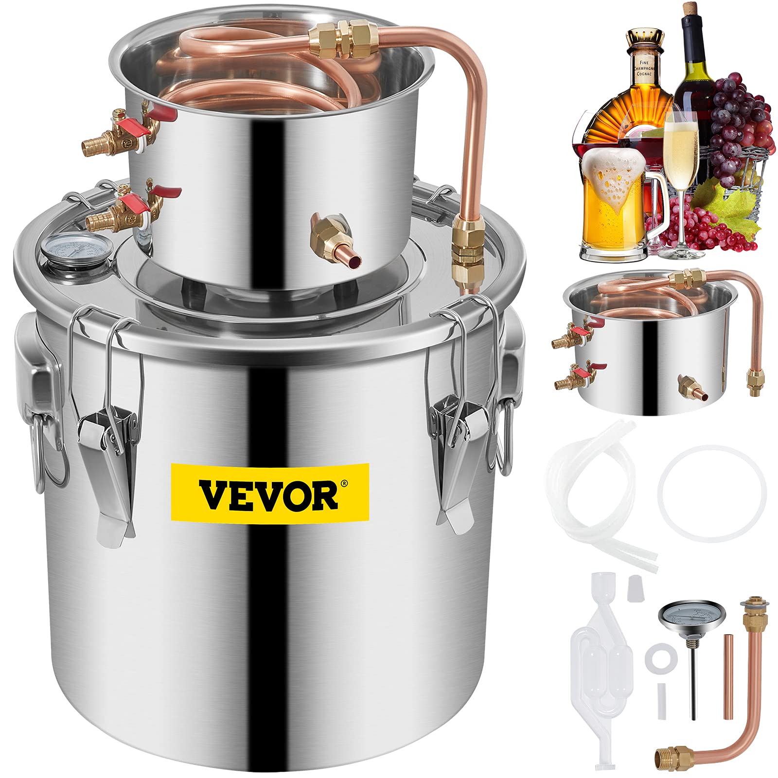 VEVOR Alcohol Still 3Gal/12L Alcohol Distiller Stainless Steel Distillery Kit for Alcohol With Copper Tube Home Brewing Kit Build-in Thermometer for DIY Whisky Wine Brandy