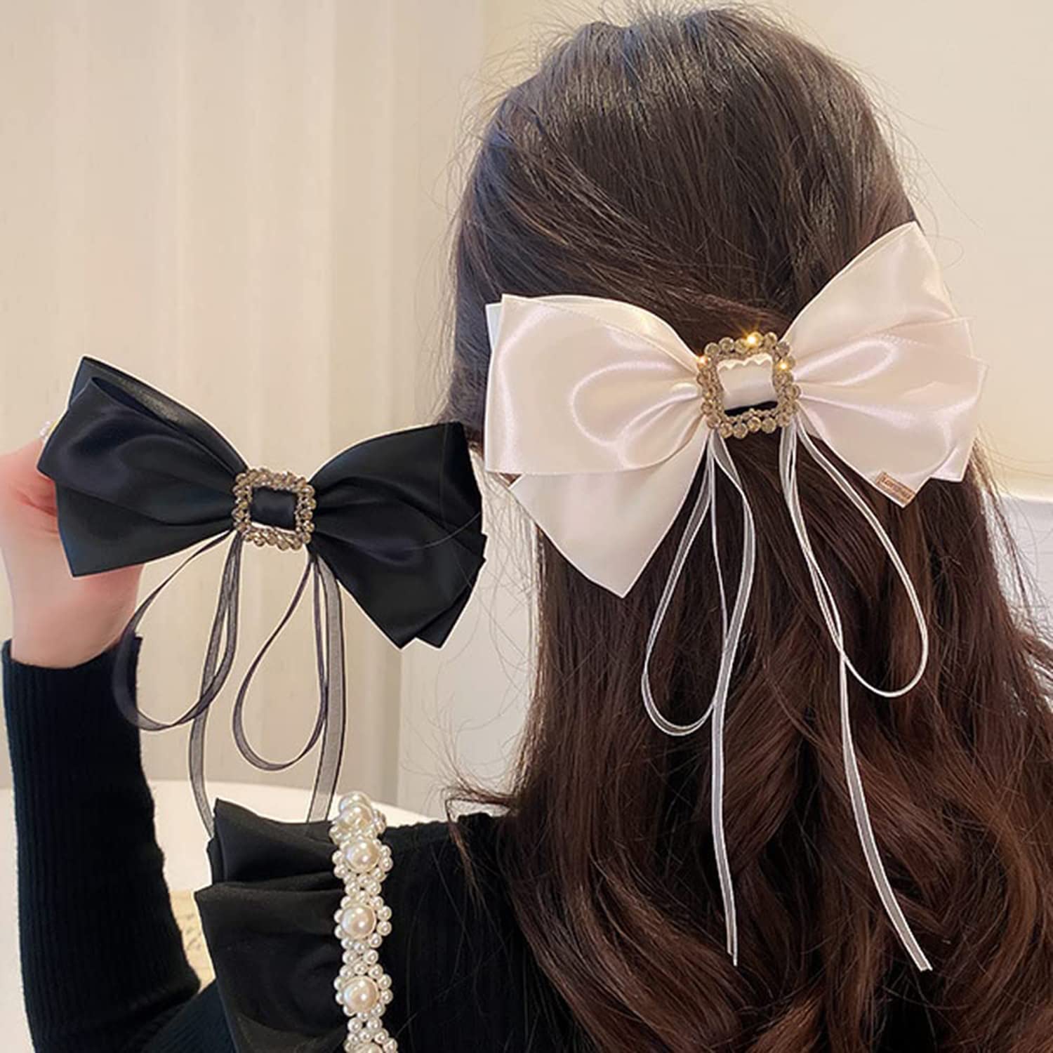 Large Bow Hair Clip Rhinestone Hair Barrette Strong Hold Bowknot Hair Clip Long Ribbon Hair Bow Vintage Hair Accessories for Women Girls（White & Black）