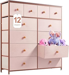 EnHomee Pink Dresser, Dresser for Bedroom with 12 Drawers Dresser&amp; Chests of Dresser for Bedroom, Closet,Hallway,Fabric,11.9&#34; D x 40.7&#34; W x 43.8&#34; H