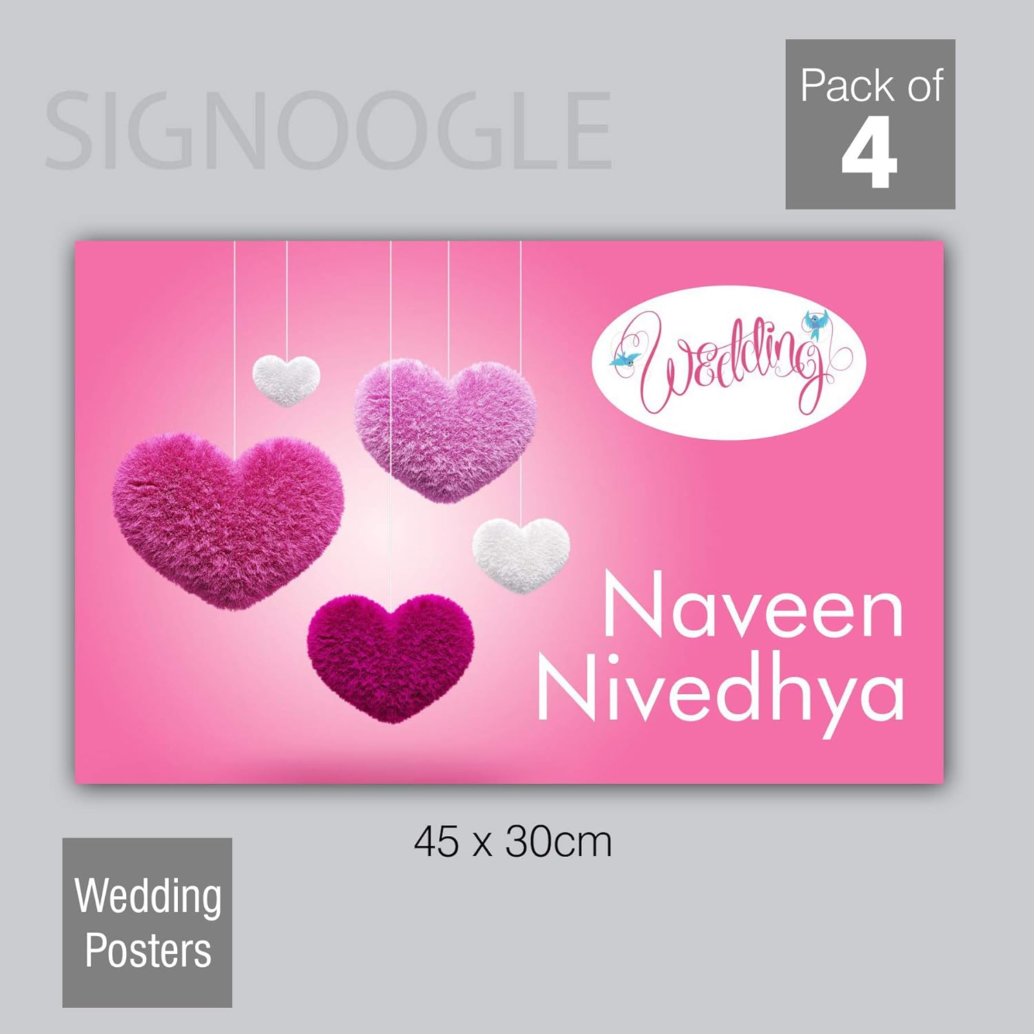 signoogle customized wedding posters banner for home stage car decor  marriage party decoration backdrop surprise gift background for photography  with name hearts thread theme (45 x 30 cm) 4nos- Multi color :