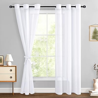 Hiasan White Sheer Curtains 84 Inches Long with Tiebacks, Lightweight and Light Filtering Voile Drapes Extra Long Grommet Window Curtains for Bedroom, Living Room, Patio Door, W36 x L84, 2 Panels