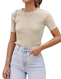 Women&apos;s Short Sleeve Crewneck T Shirt Summer Ribbed Knit Slim Fit Basic Solid Color Tee Tops