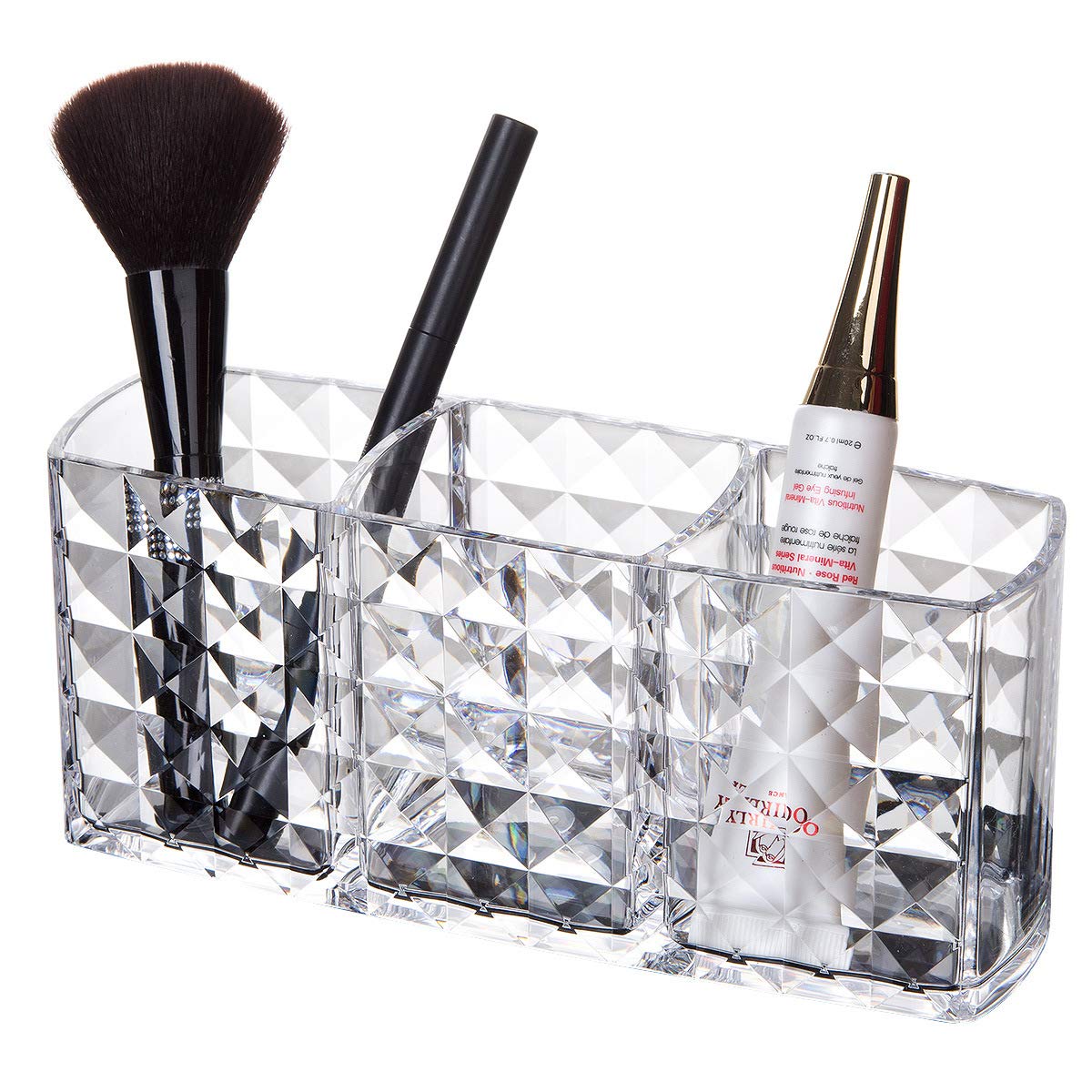 Makeup Brush Holder Organizer Diamond Pattern 3 Slots Clear Makeup Brush Storage Container Acrylic Makeup Brush Organizer Cup