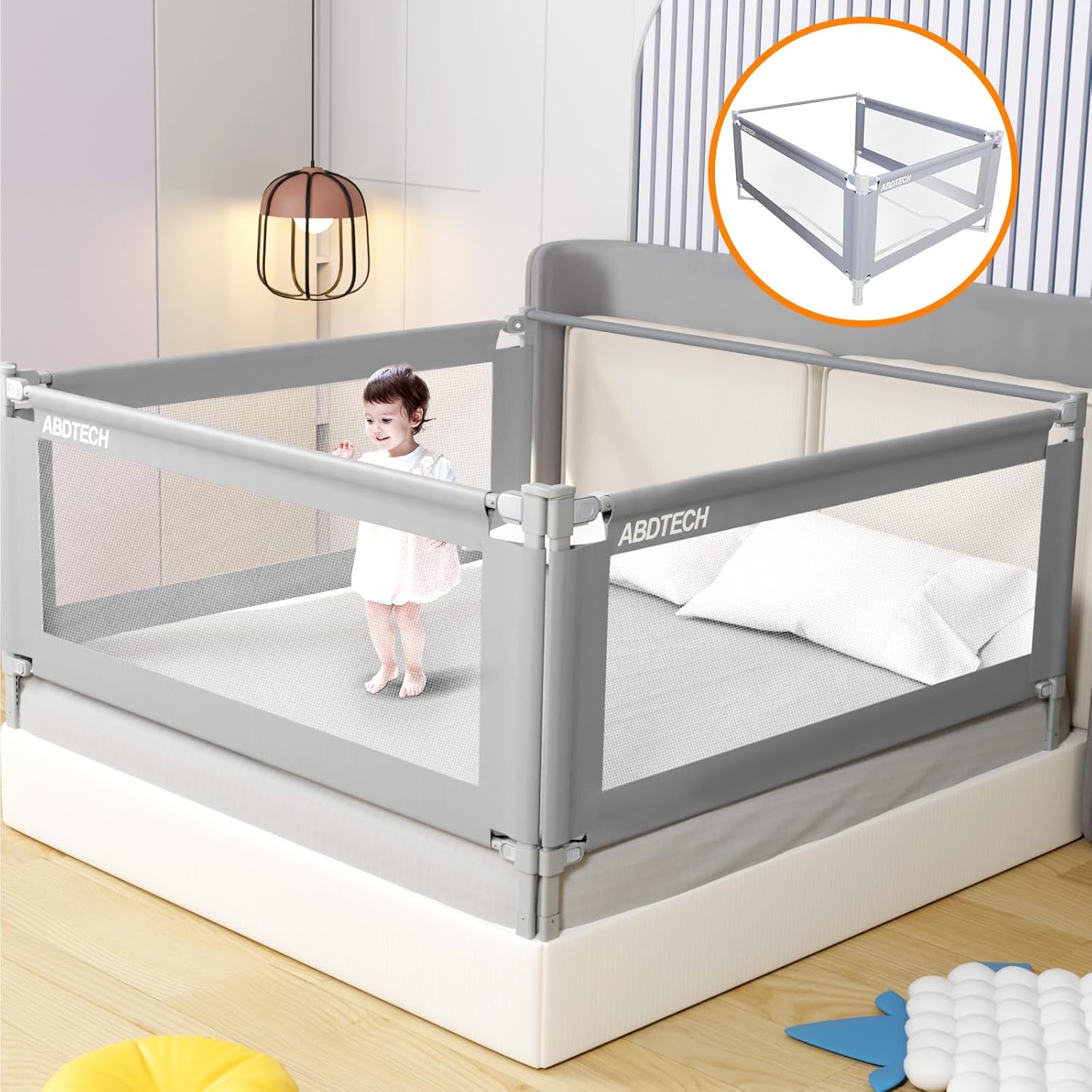 Bed Guard Rail for Toddlers - 3 Sides Safety Baby Bed Rail Guard with Reinforced Large S-Shape, Infants Height Adjustment Guardrail for Queen King Size Full Size Bed -3 Pack, 78.7x78.7x59 3 Sides+1 Protective Bar?78.74"+78.74"+59.06"+59.06"?grey