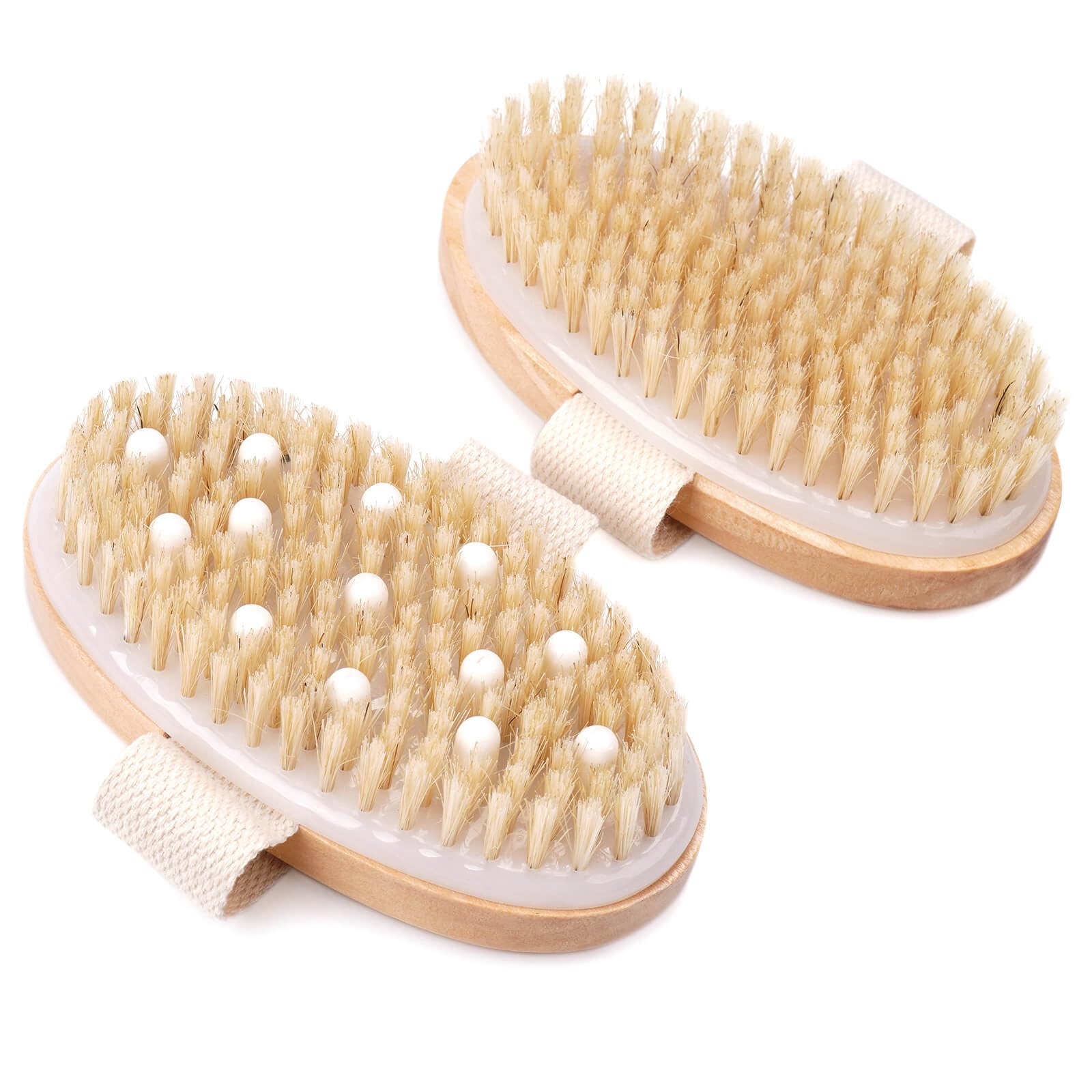 2 Pack Dry Brushing Body Brush, Natural Bristle Dry Brush, Exfoliating Body Brush for Lymphatic Drainage, Cellulite Brush for Full Body, Improving Skin Health and Reduces Acne