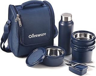 SOPL-OLIVEWARE Teso Pro Lunch Box with Steel Cutlery, 3 Microwave Safe Inside Steel Containers with BPA free Lids(290ml, 450ml & 600ml), Plastic Pickle Box(130ml), Steel Water Bottle(750ml) - Blue