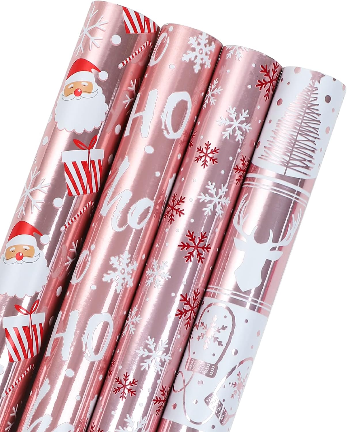 WRAPAHOLIC Christmas Wrapping Paper Roll - Rose Gold Santa, Snowflakes ...