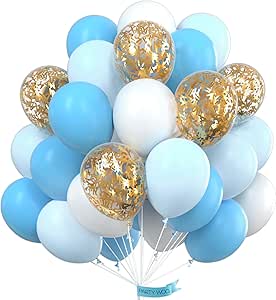 PartyWoo Blue and White Balloons 60 pcs 12 Inch Sky Blue Balloons Baby Blue Balloons White Balloons Gold Confetti Balloons Baby Shower Decorations for Blue Baby Shower, Birthday, Party