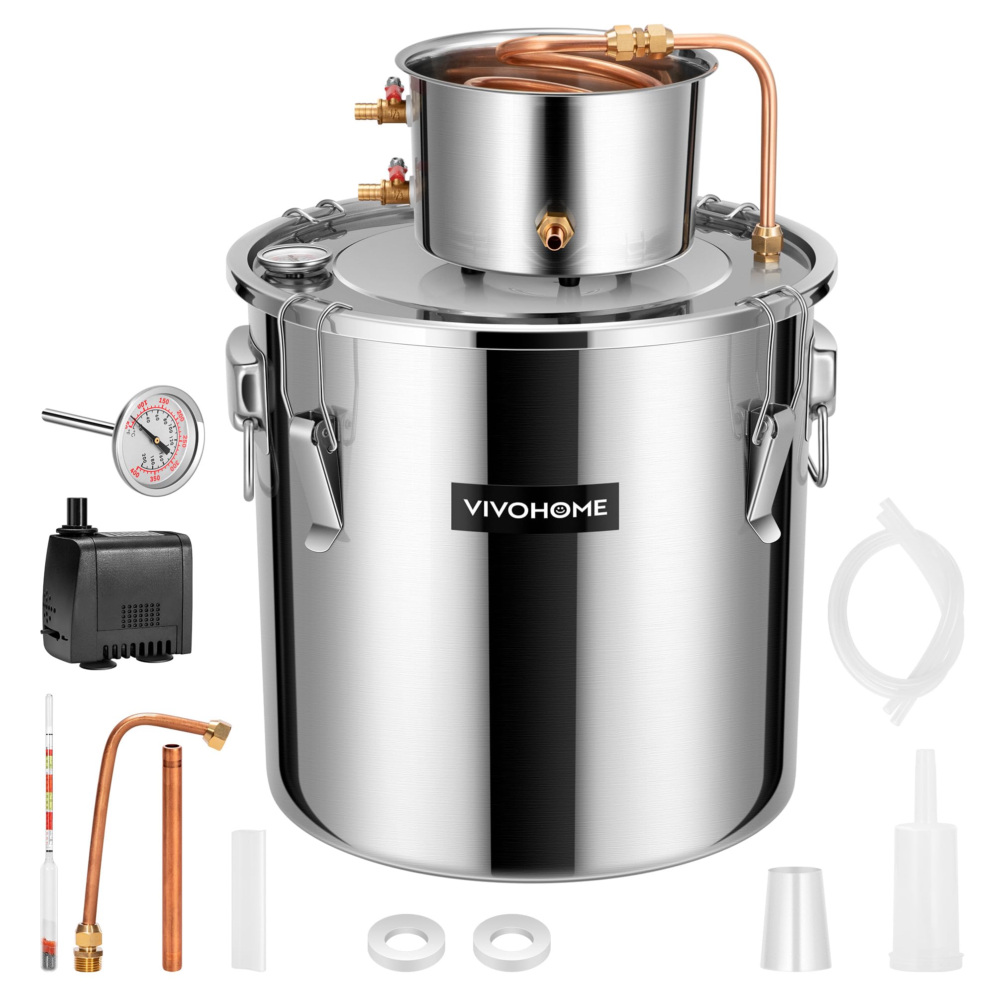 VIVOHOME8 Gal Alcohol Still, 2 Stainless Steel Pots Home Brewing Kit with Built-in Thermometer, Water Pump, Hydrometer for DIY Whiskey, Wine, Brandy, Bourbon, Essential Oil