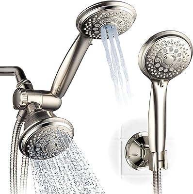 AquaSpa 6-in-1 High-Pressure Shower Head/Hand Held Showerhead Combo with Two OVERHEAD and LOW-REACH Wall Brackets, 3-way Water Diverter & Stainless Steel Hose/BRUSHED NICKEL FINISH/by HotelSpa