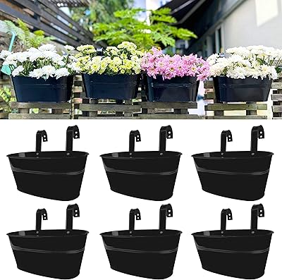 LaLaGreen Outdoor Rail Planter (6 Pack, 11.8 Inch) Black Metal Iron Hanging Flower Pots Deck Railings Fence Buckets Outside Countryside Boho Style Wall Mount Window Box Plant Holder Hook Porch Decor